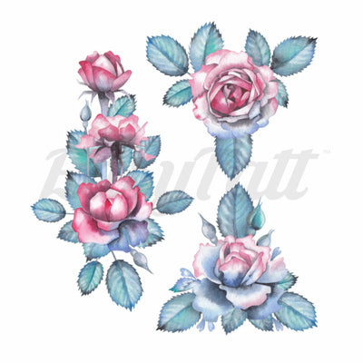 Pink and Blue Roses - Temporary Tattoos