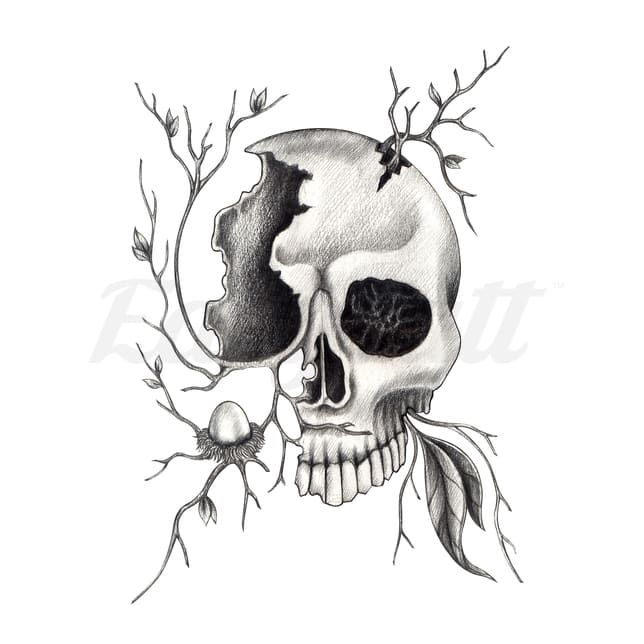 Cracked Skull with Leaves - Temporary Tattoo