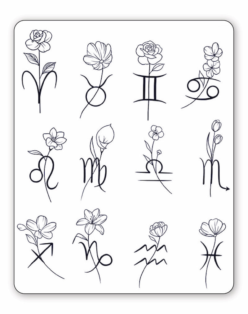 (12 Tattoos) Floral Star Signs - Semi-Permanent Tattoos