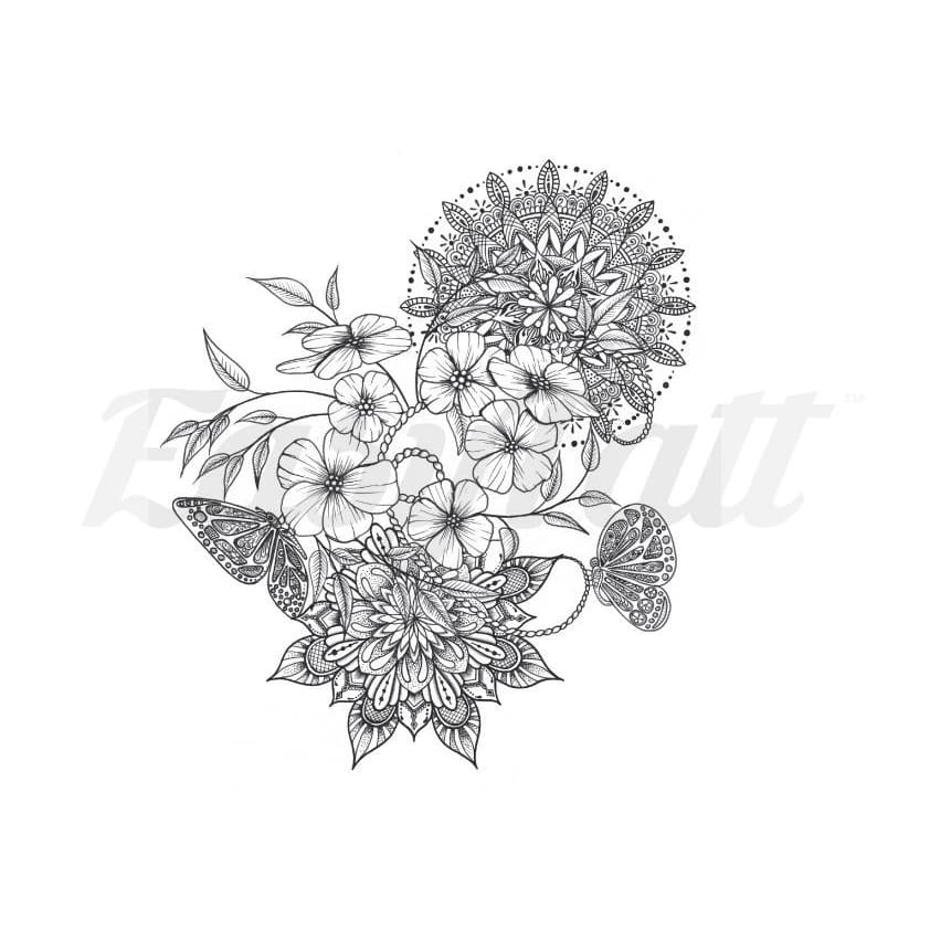 Flowers Butterflies and Mandalas - Temporary Tattoo