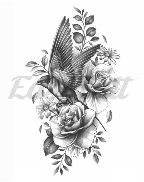 Floral Swallow - Temporary Tattoo